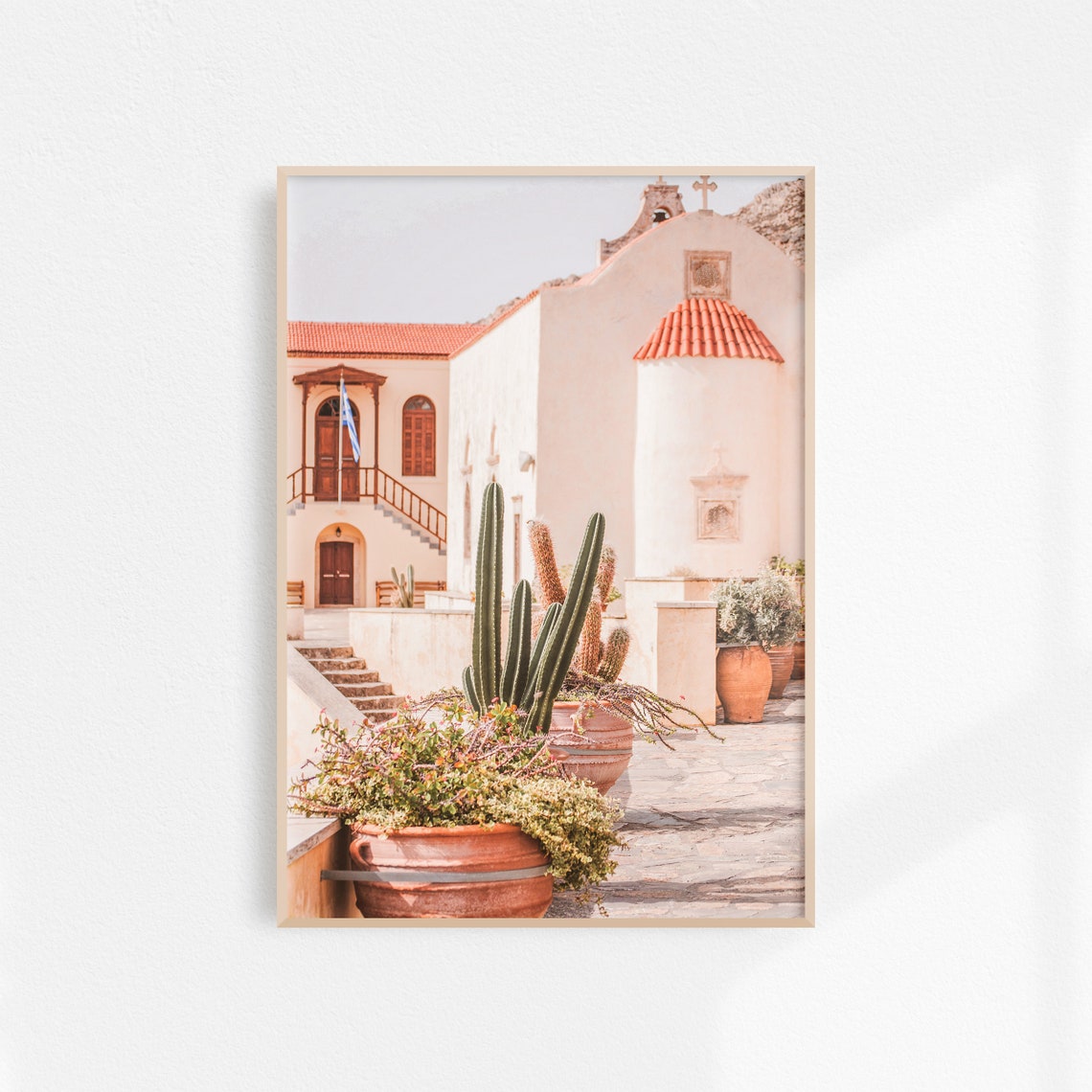 Greek Monastery Courtyard Cactus Terracotta Pots Mediterranean Poster