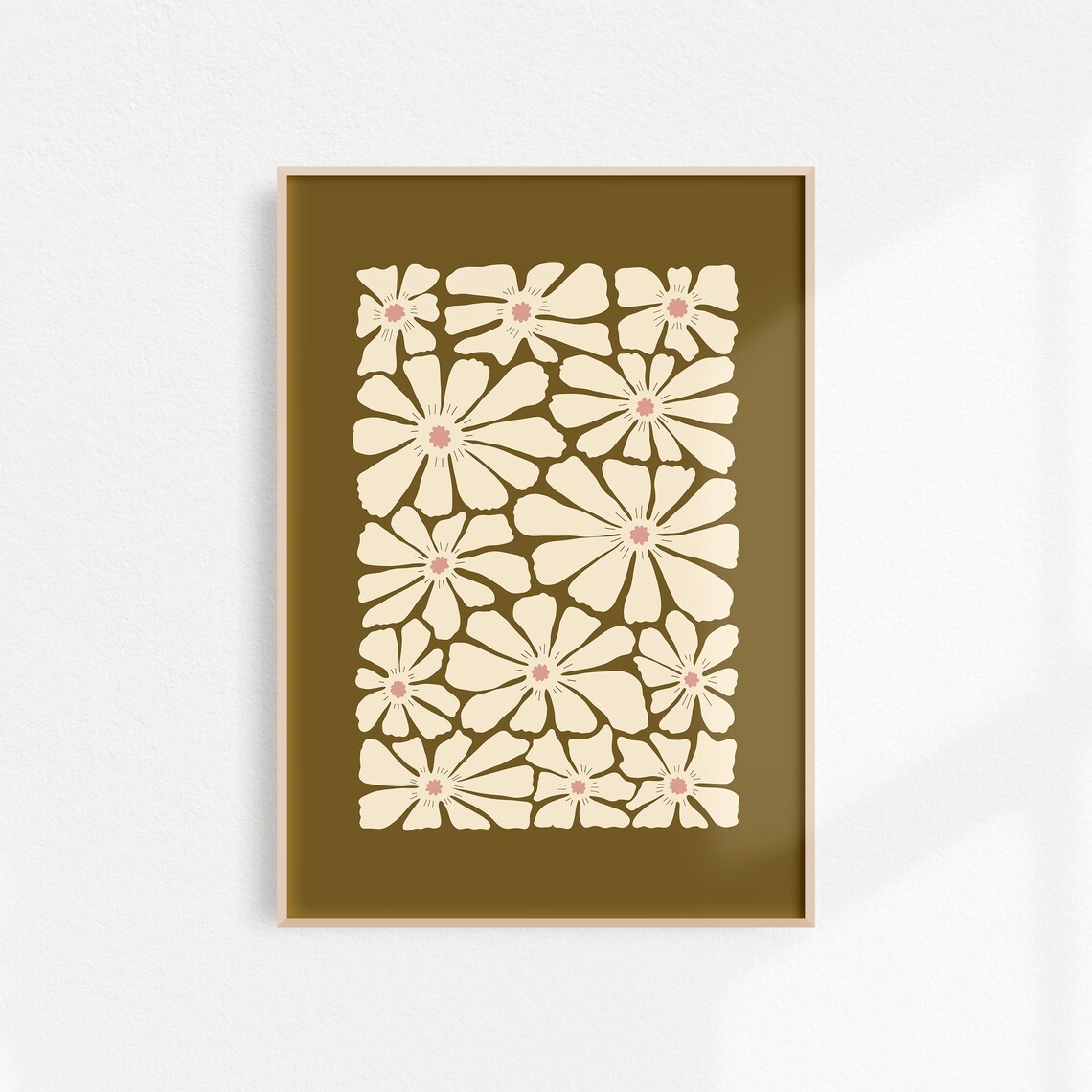 Olive Green White Floral Boho Fall Art Print