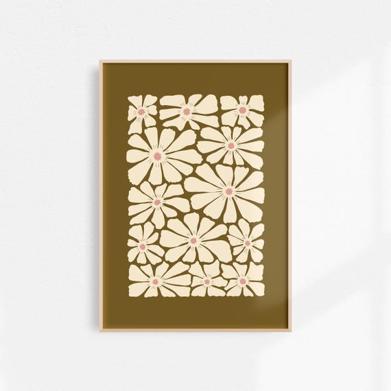 Olive Green White Floral Boho Fall Art Print