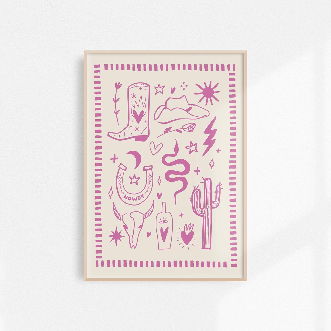 Pink Western Cowgirl Doodle Icons Desert Line Drawing Poster