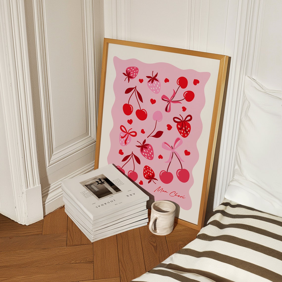 Mon Cheri Strawberry Cherry Bow Red Art Coquette Summer Poster - Image 3