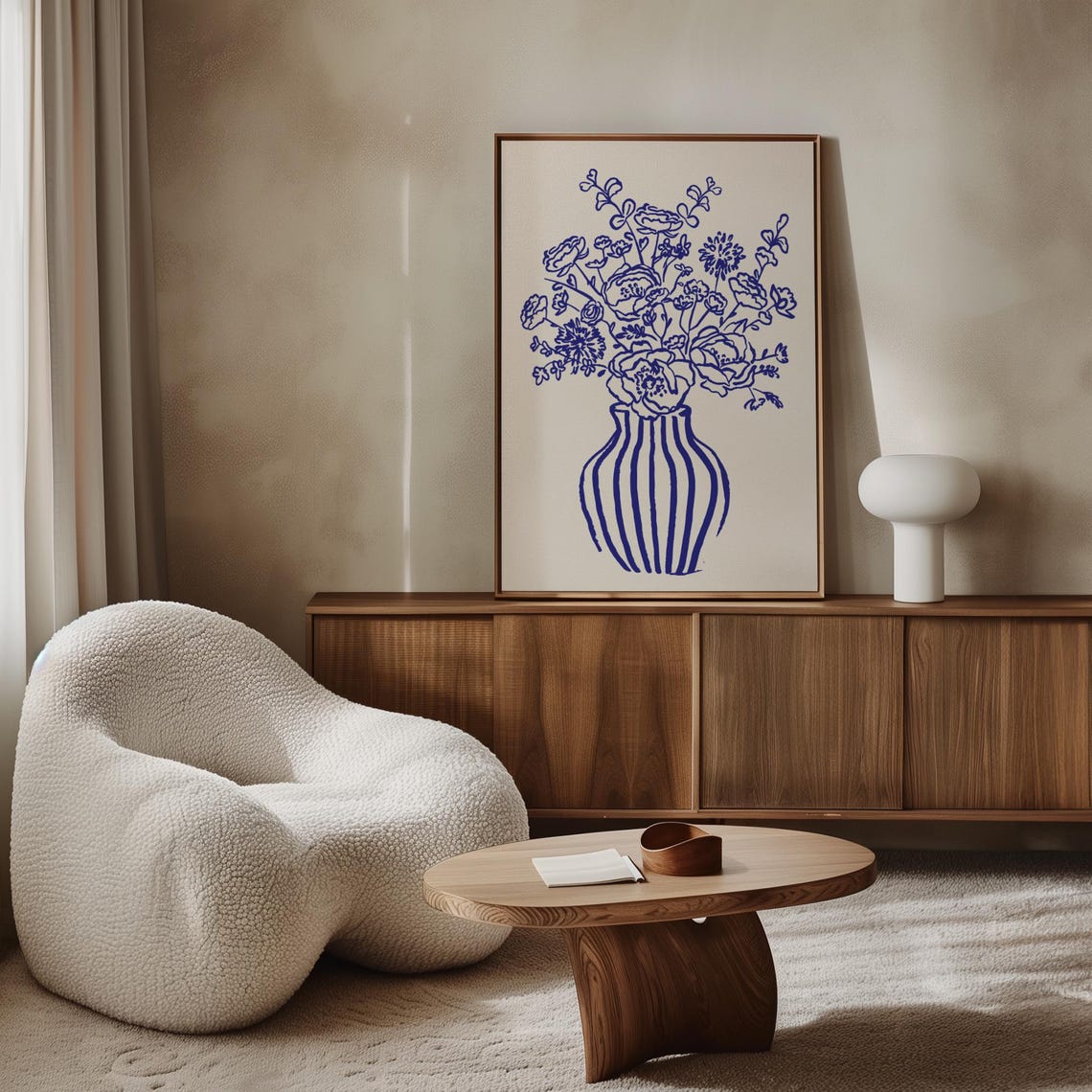 Blue Line Art Flowers In Striped Vase Botanical Modern Wall Poster - Image 5