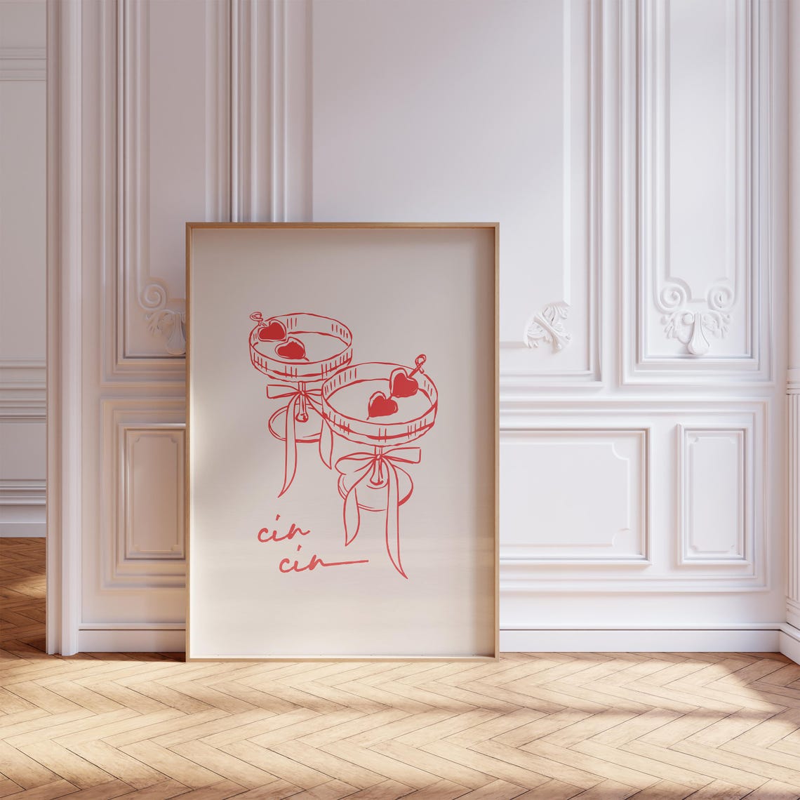Cin Cin Red Line Drawing Champagne Coupes Modern Bar Art Poster - Image 2