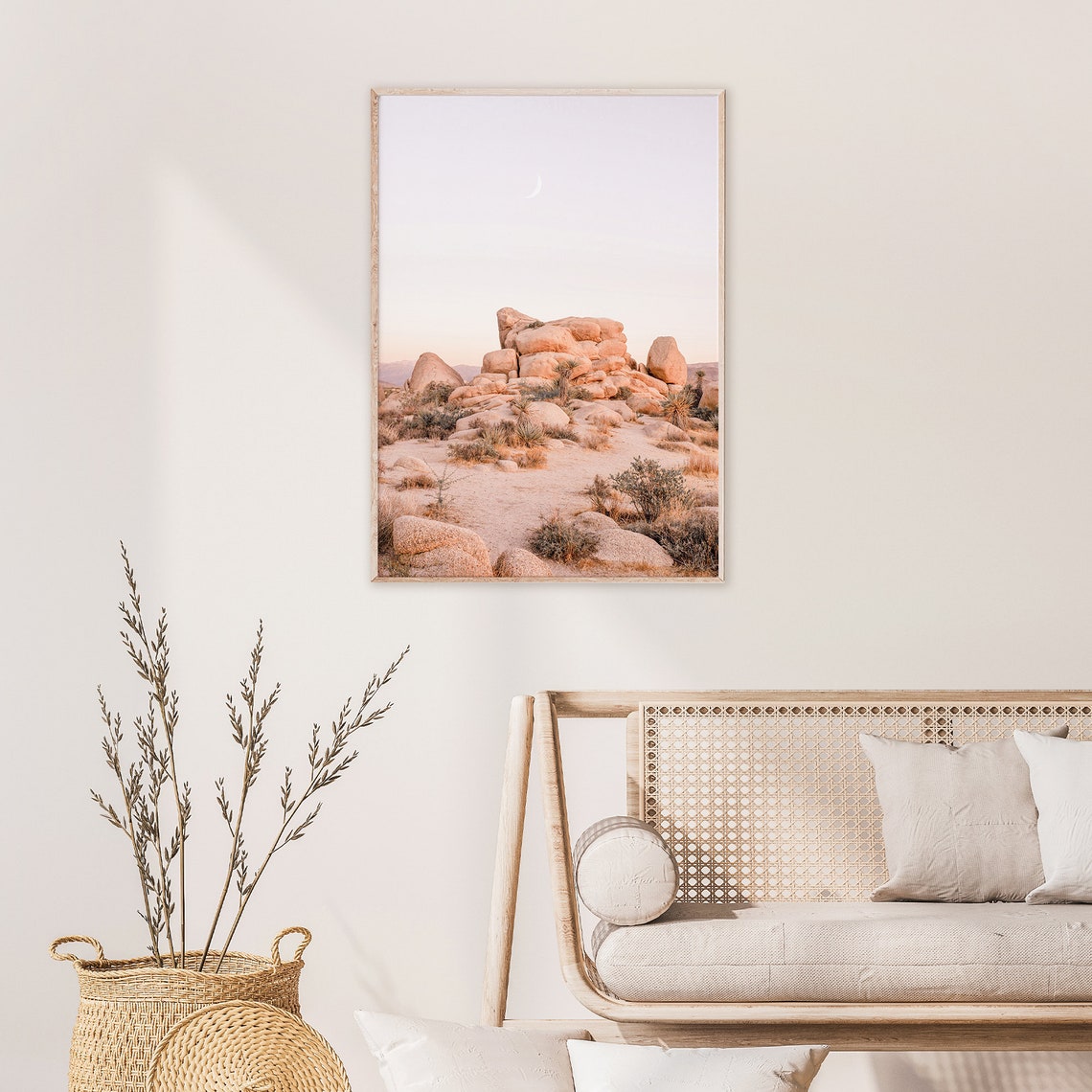 Joshua Tree Boulders Under a Crescent Moon at Desert Dusk Poster - Image 2