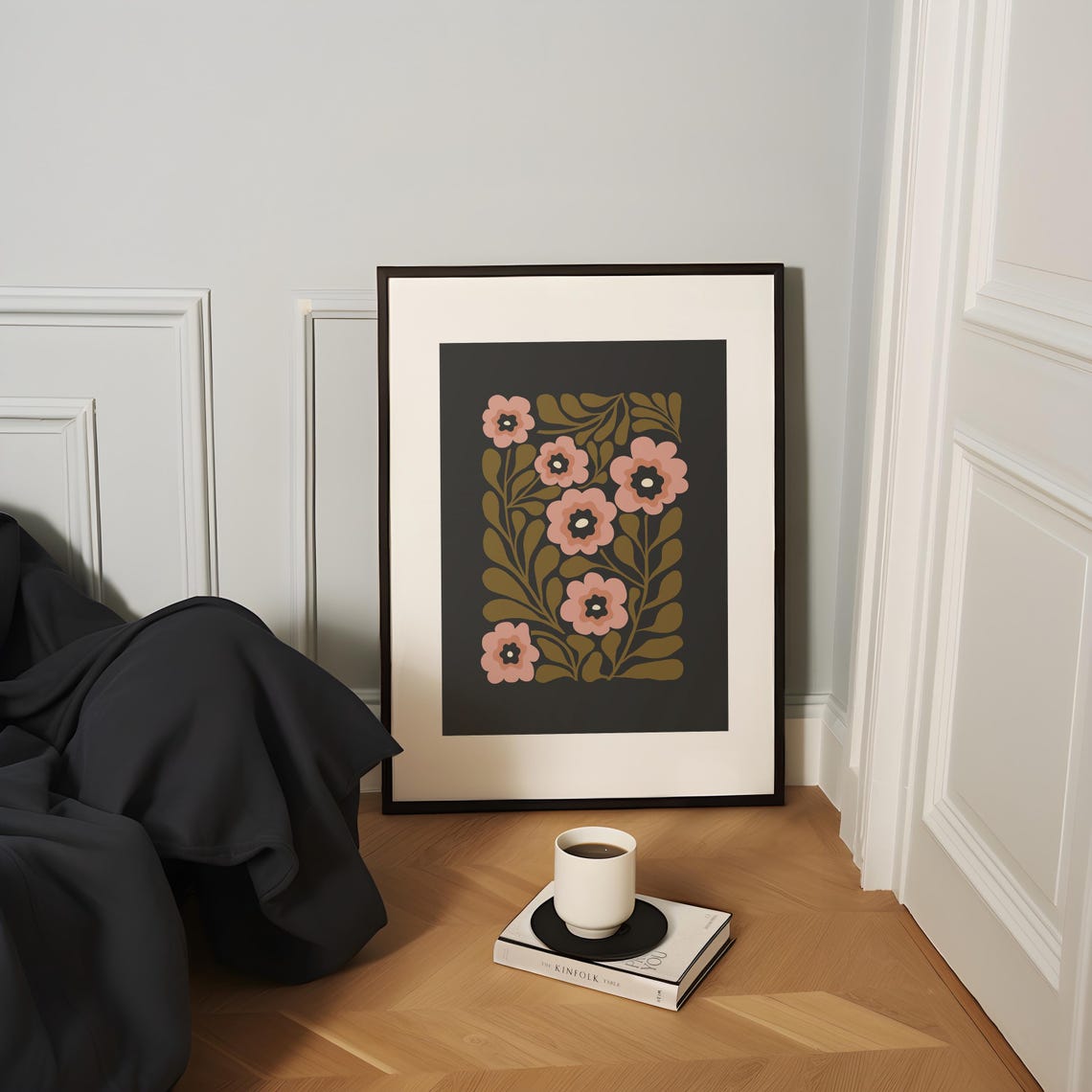 Pink Blossom Floral Pattern Charcoal Black Background Art Poster - Image 3