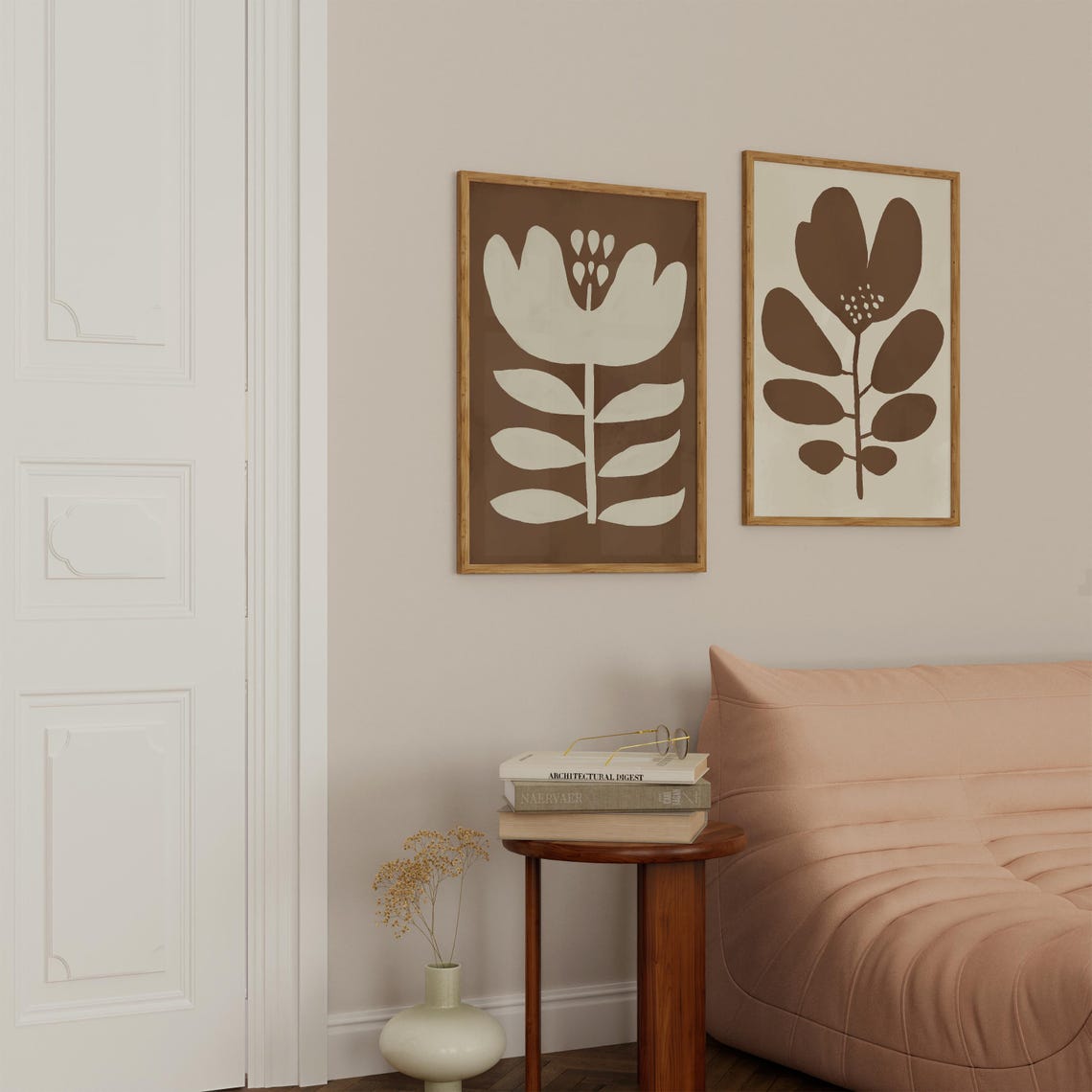 Brown Retro Floral Two Piece Set Cream Beige Abstract Wall Art - Image 4