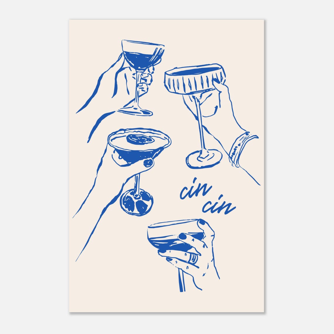 Blue Line Art Cin Cin Cocktail Toast Girls Night Illustration Poster - Image 2