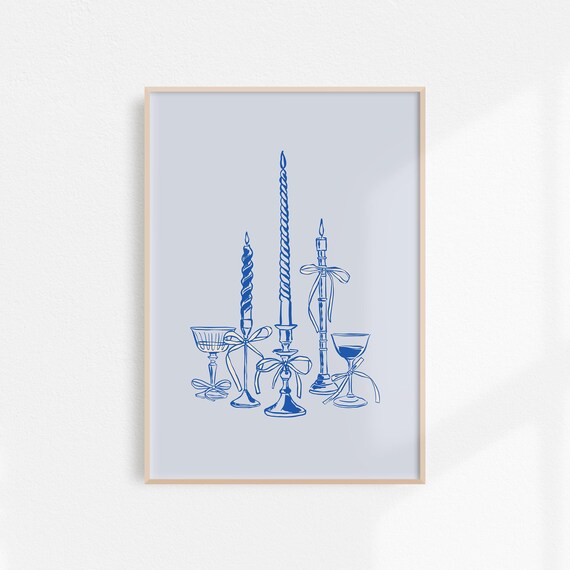 Elegant Blue Line Drawing Candles and Wine Glasses Art Poster