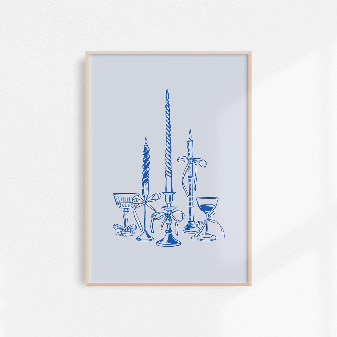Elegant Blue Line Drawing Candles and Wine Glasses Art Poster