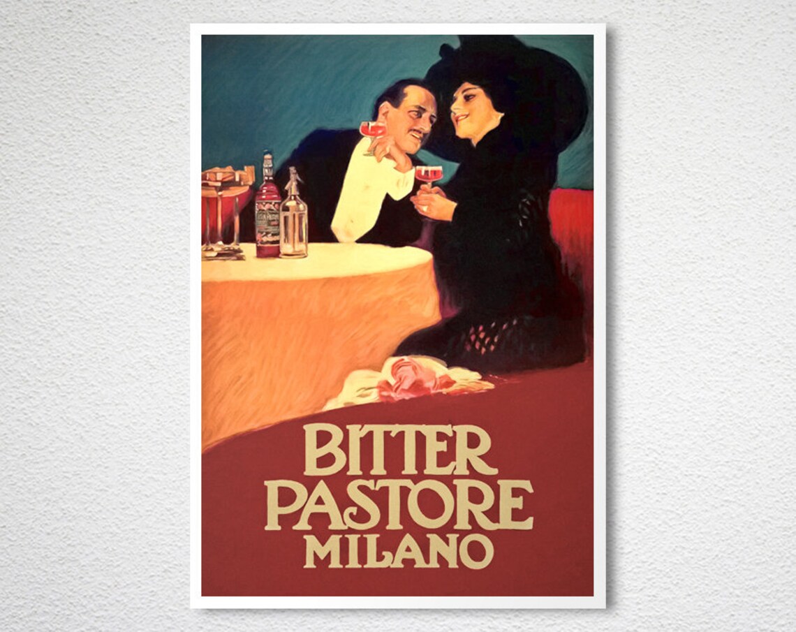 Bitter Pastore Milano Vintage Italian Liquor Advertising Poster Couple - Image 2