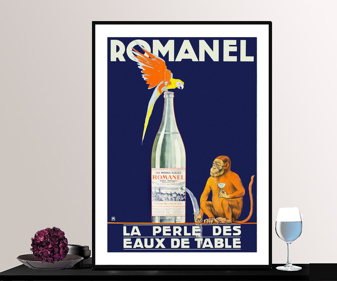 Romanel Table Water Vintage French Poster Parrot Monkey and Bottle