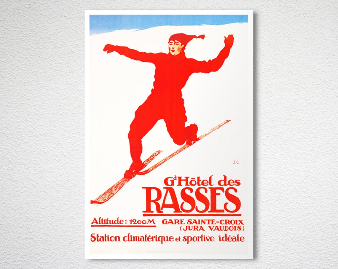 Grand Hotel des Rasses Vintage Swiss Ski Jumper Red Silhouette Poster - Image 2