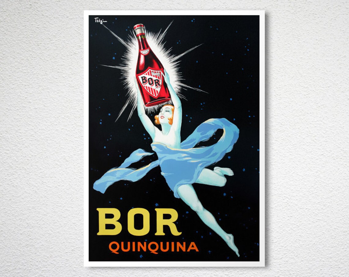 Bor Quinquina Starry Night Woman Holding Bottle Vintage Ad Poster - Image 2