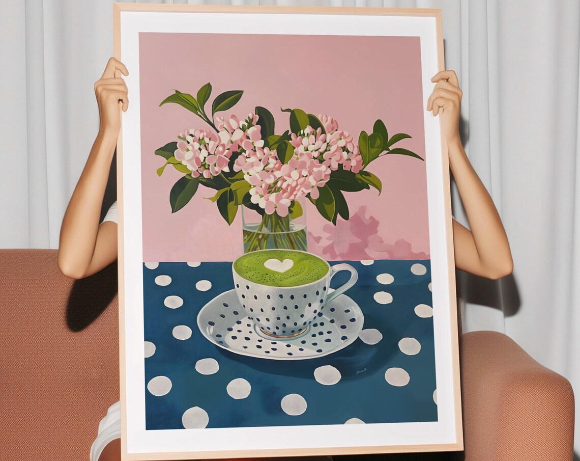 Matcha Latte Cup With Heart Art Pink Blossoms Cafe Style Poster - Image 2