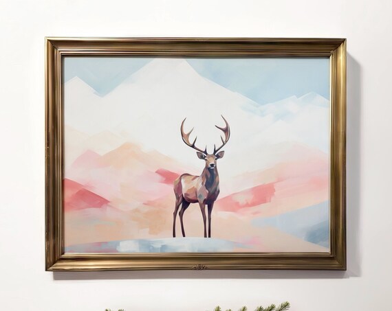 Winter Reindeer Stag Pastel Geometric Mountain Scene Art Poster