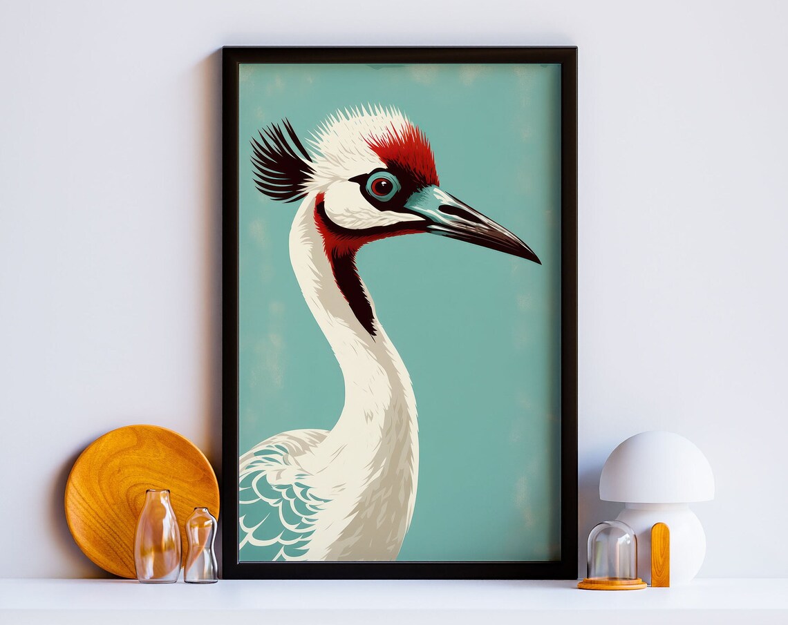 Japanese Red Crowned Crane Poster Elegant Teal Oriental Bird Art