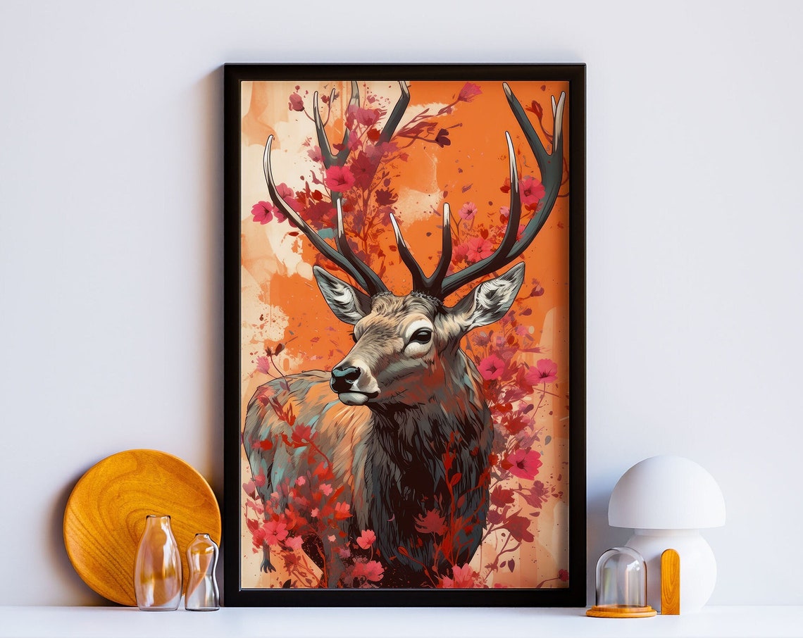 Rocky Mountain Elk Flowers Poster Mountain House Cabin Decor Modern Chic Decor