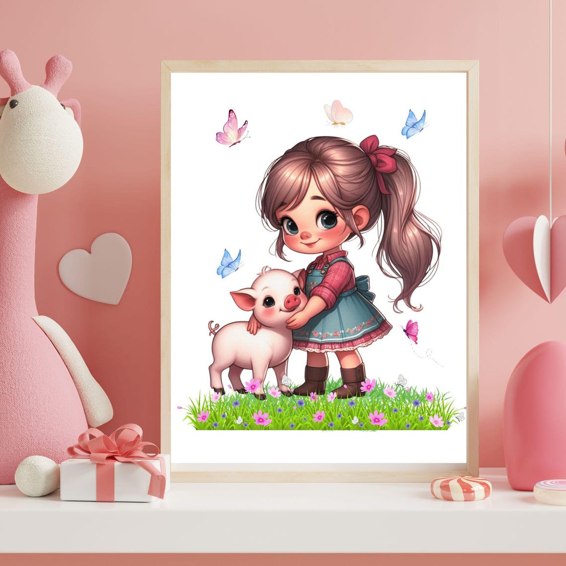 Little Farm Girl Hugging Her Piglet in a Flower Meadow Poster