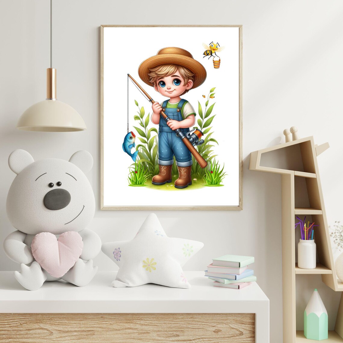 Little Boy Fisherman With Rod and Caught Fish Kids Room Poster - Image 4