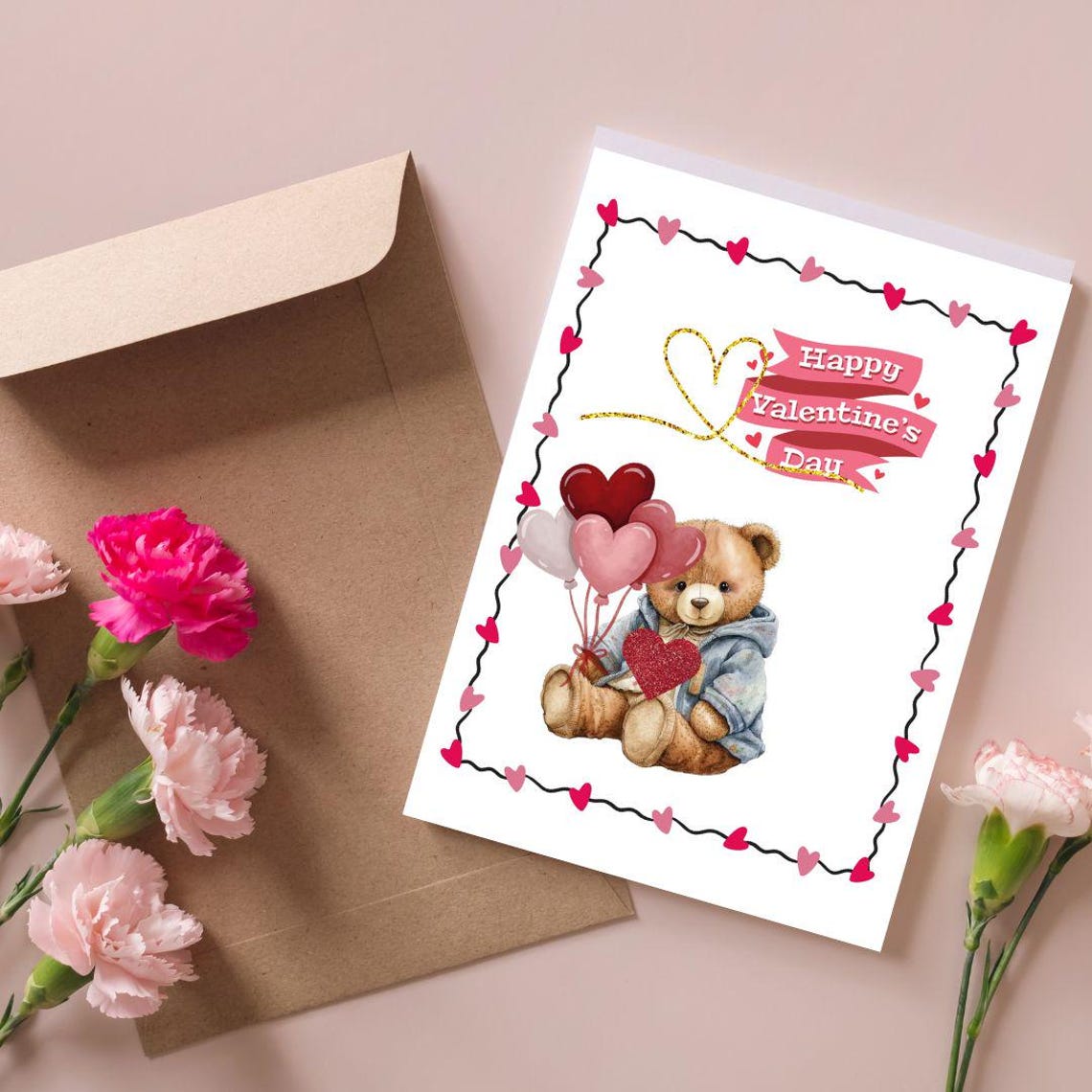 Happy Valentines Day Teddy Bear With Heart Balloons Gift Poster - Image 3