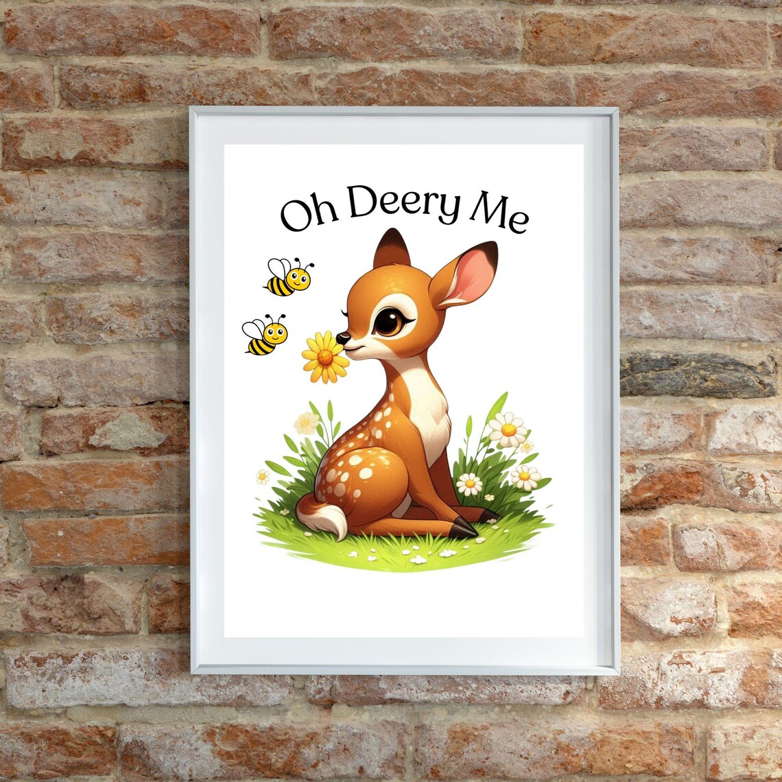 Oh Deery Me Cute Baby Fawn With Daisy And Bees Kids Nursery Poster - Image 4