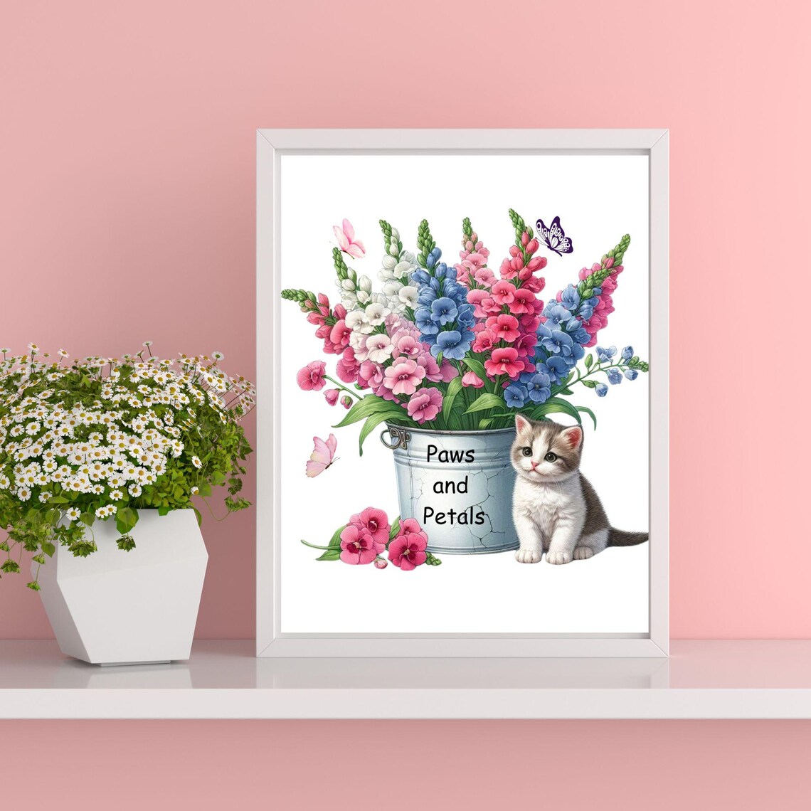 Paws and Petals Kitten With Snapdragon Bucket Bouquet Poster