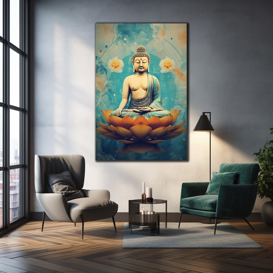 Buddha Meditating Amber Lotus Teal Background Zen Wall Art Poster - Image 3