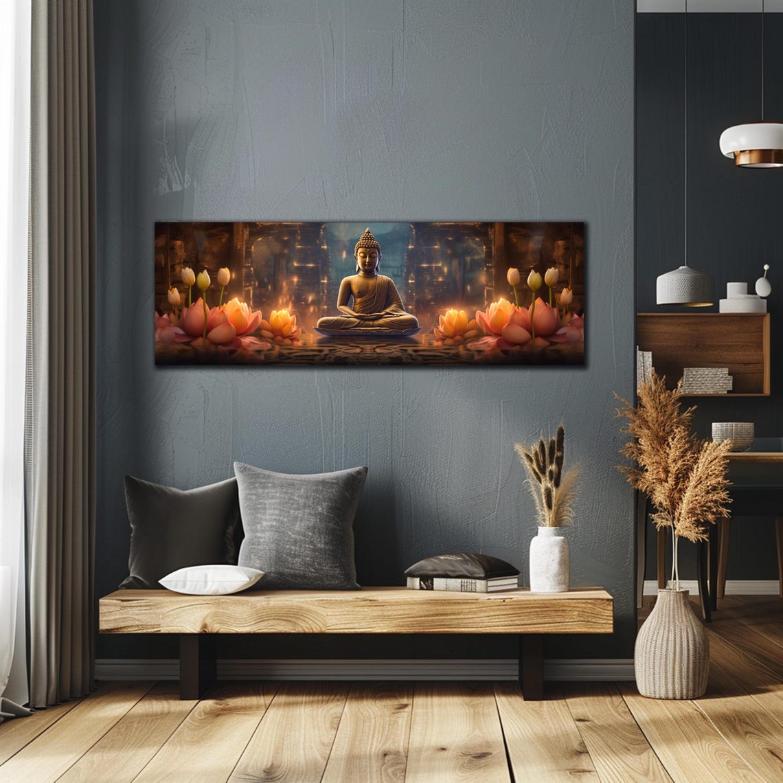 Buddha Lotus Flower Temple Warm Golden Glow Panoramic Wall Art - Image 3