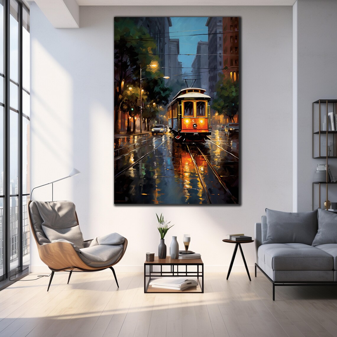 San Francisco Cable Car Rainy Night Street Oil Painting Travel Poster - Image 3