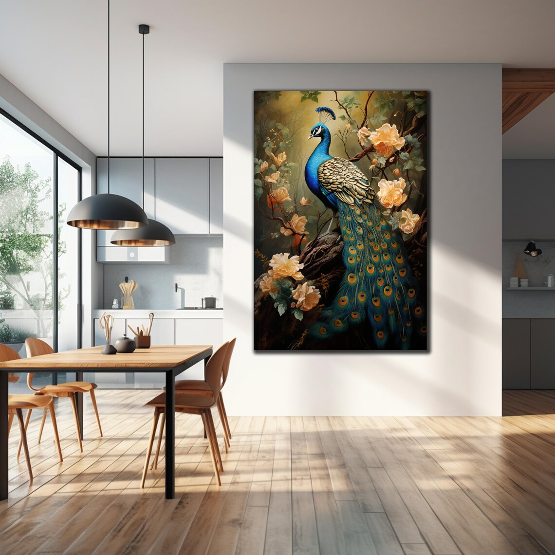 Peacock Golden Roses Floral Forest Vintage Botanical Style Wall Art - Image 4