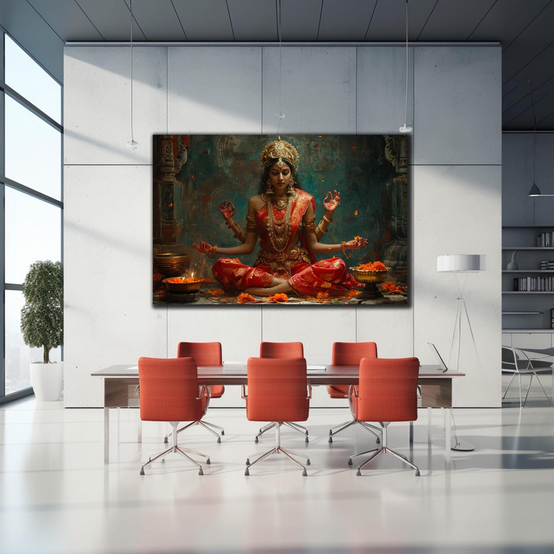 Goddess Lakshmi Red Sari Gold Jewelry Hindu Temple Deity Wall Art - Image 2