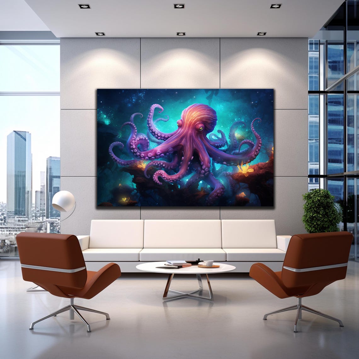 Vivid Purple Octopus Underwater Teal Glow Ocean Sea Life Wall Art - Image 3