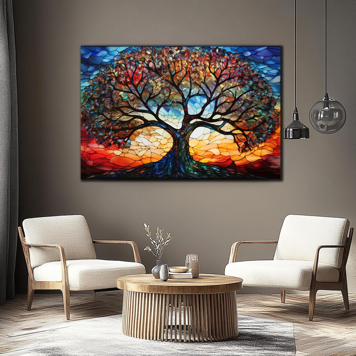 Tree of Life Sunset Stained Glass Mosaic Orange Sky Art Wall Art - Image 3