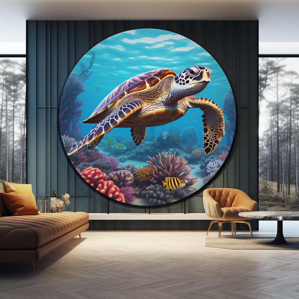 Hawksbill Sea Turtle Gliding Coral Reef Blue Ocean Round Wall Art - Image 4
