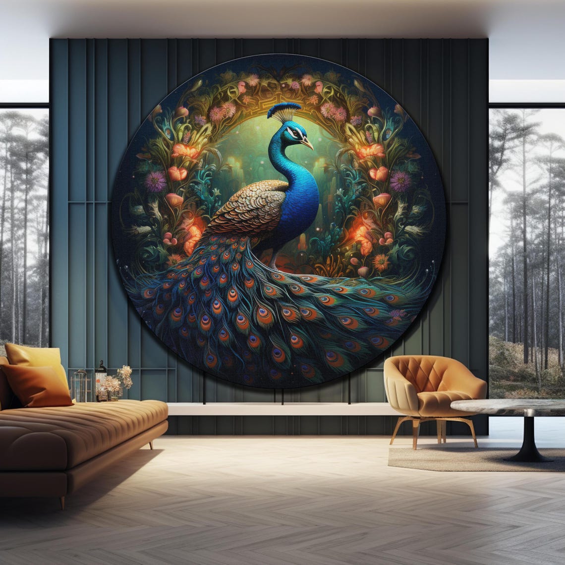 Peacock Night Garden Floral Arch Midnight Bloom Round Wall Art - Image 4