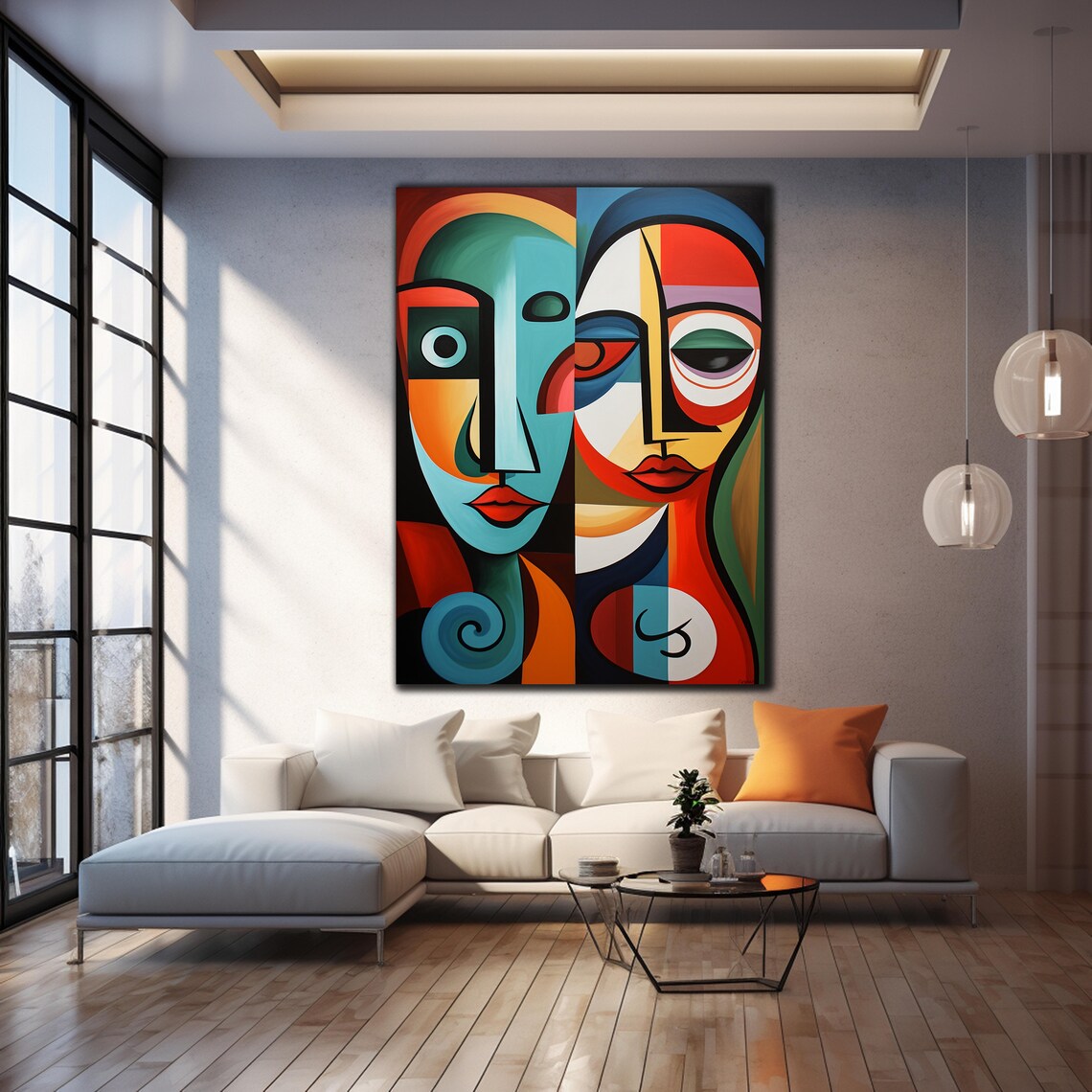 Cubist Faces Glass Wall Art Teal Orange Geometric Abstract Portrait Decor Print - Image 3