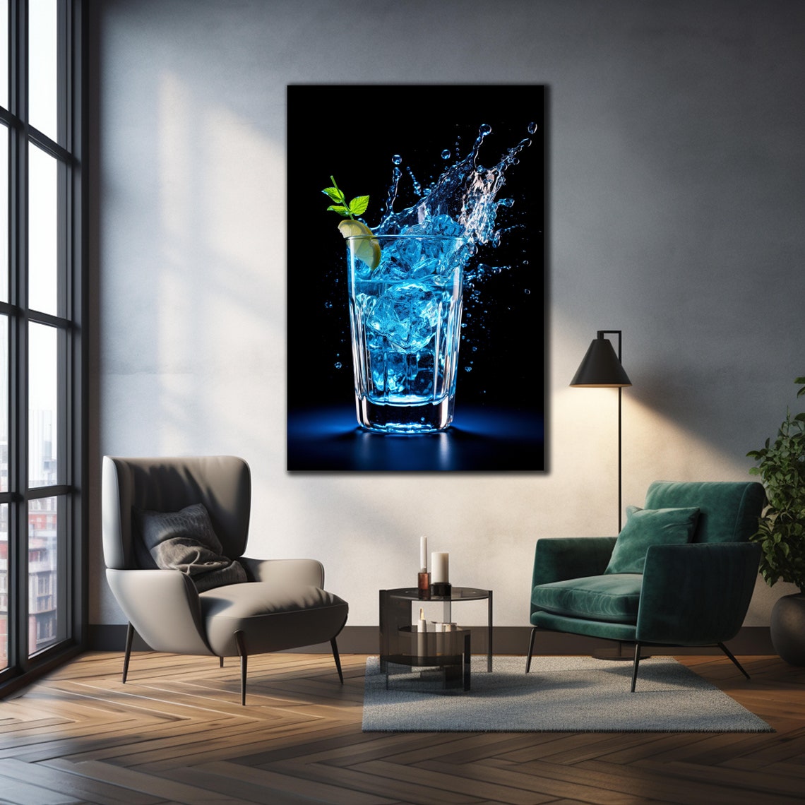 Blue Cocktail Splash Tall Glass Black Background Bar Drink Art Poster - Image 2