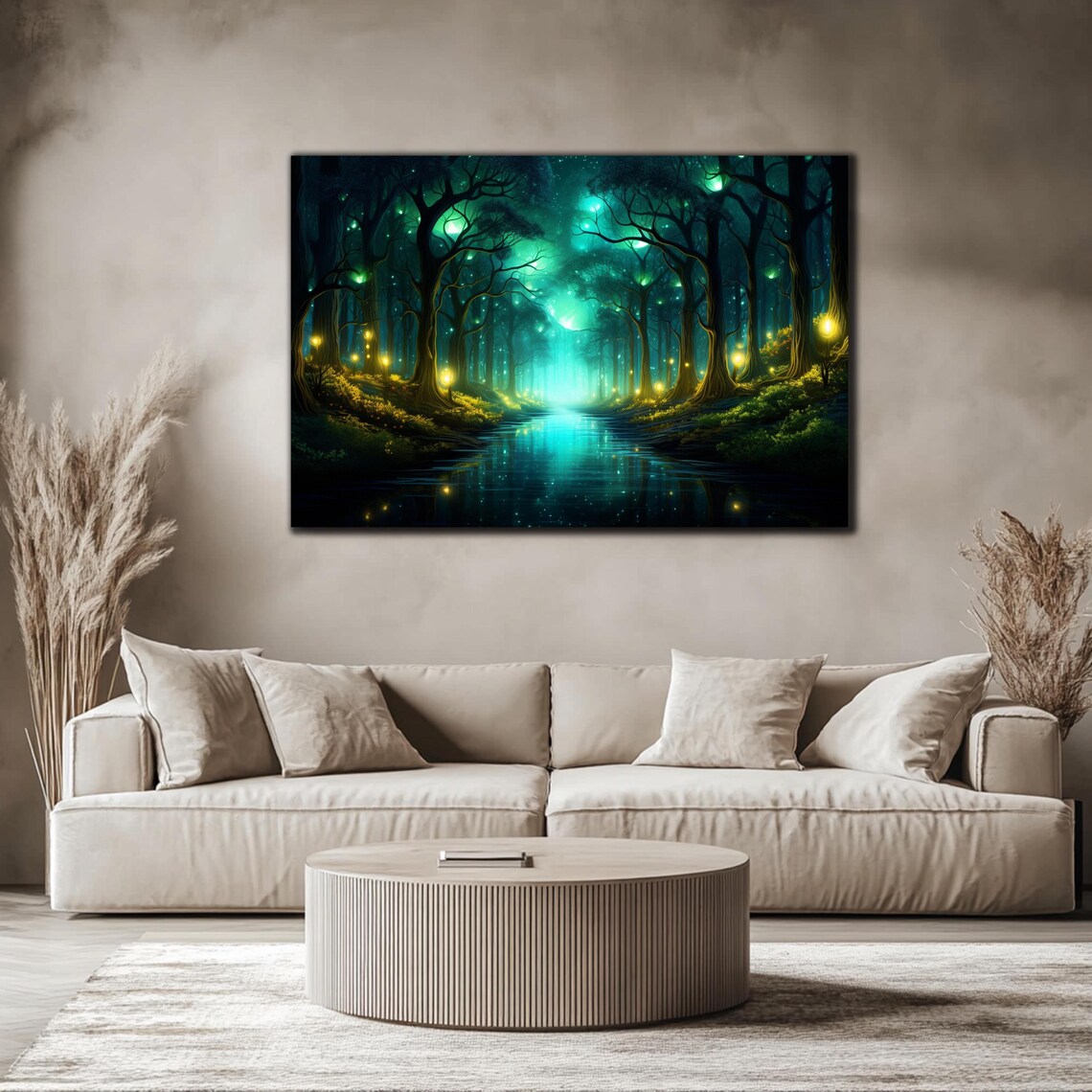 Fireflies Illuminate Forest Tempered Glass Wall Art Fantasy Neon Wall Decor Psychedelic Glowing Forest Glass Art Optical Illusion Artwork - Image 4