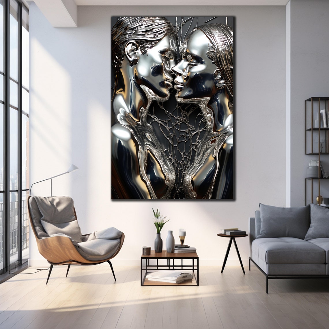 Silver Chrome Kissing Couple 3D Effect Romantic Love Wall Art Poster - Image 3