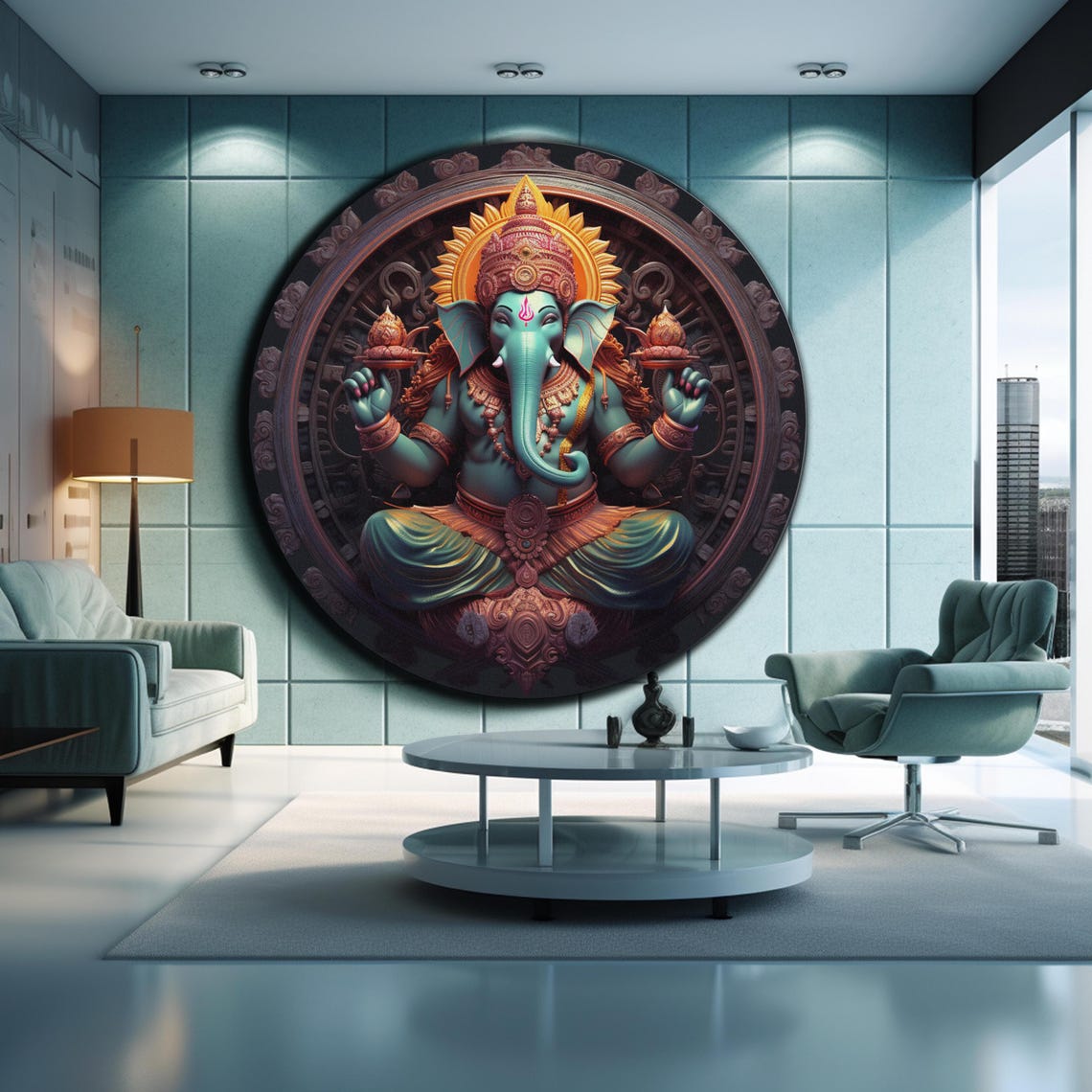 Lord Ganesha Teal Green Seated Elephant God Golden Crown Wall Art - Image 2