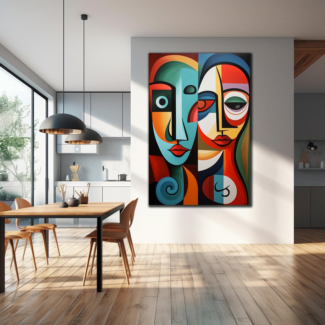 Cubist Faces Glass Wall Art Teal Orange Geometric Abstract Portrait Decor Print - Image 2