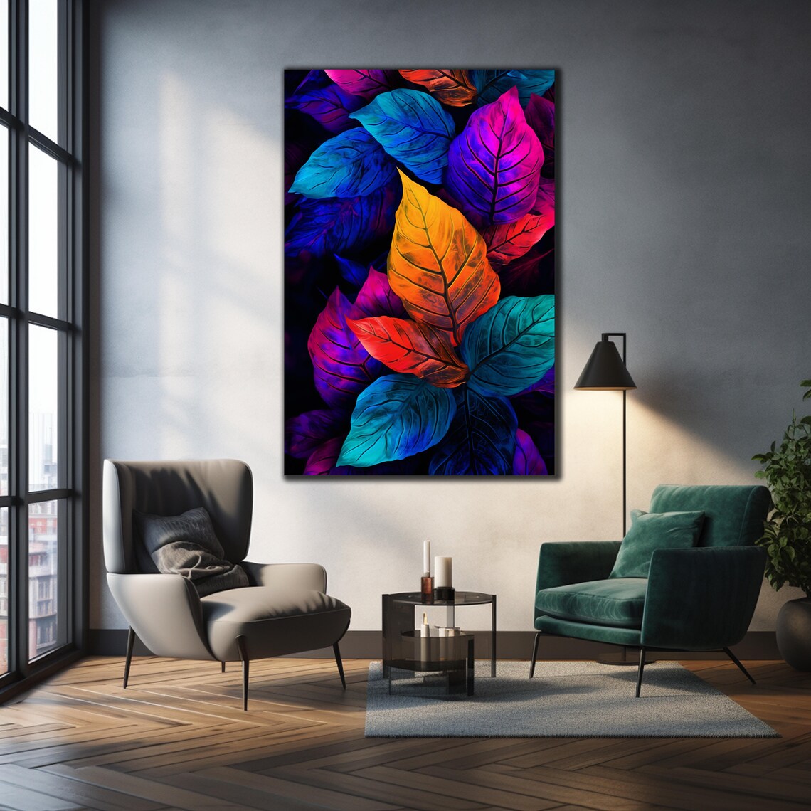 Vibrant Neon Stained Glass Leaves Colorful Botanical Art Glass Poster - Image 3