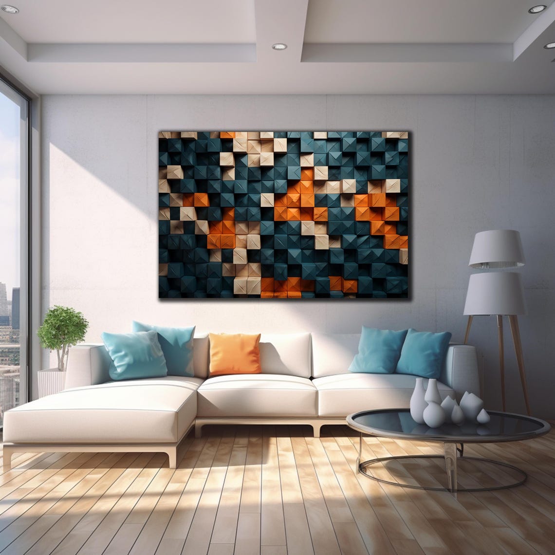 Navy Orange Natural Wood Faceted Cube Blocks Modern Wall Art - Image 4