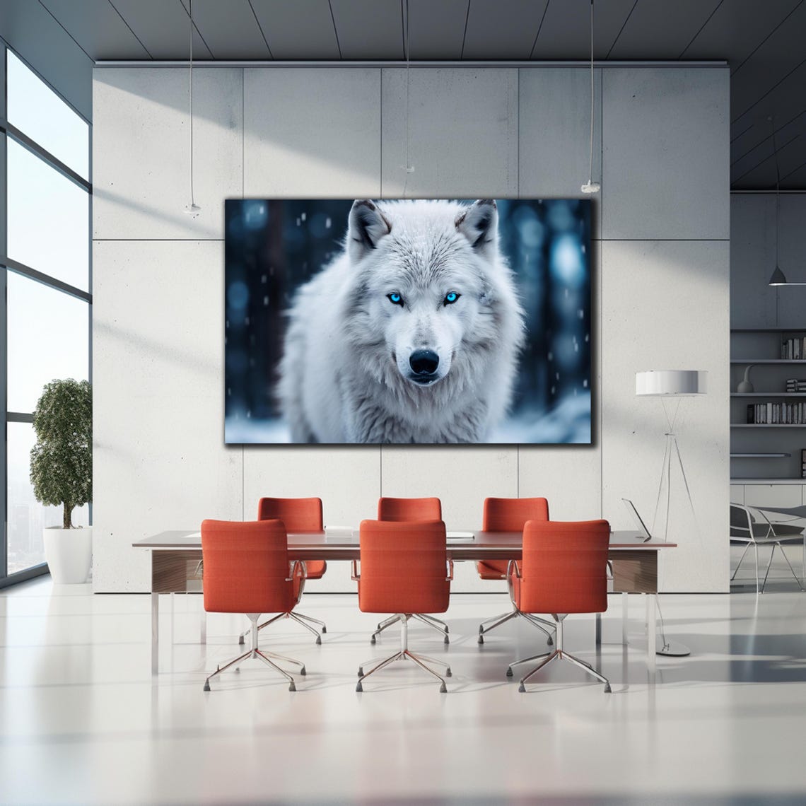 White Wolf Blue Eyes Snow Portrait Wild Animal Winter Wall Art - Image 2
