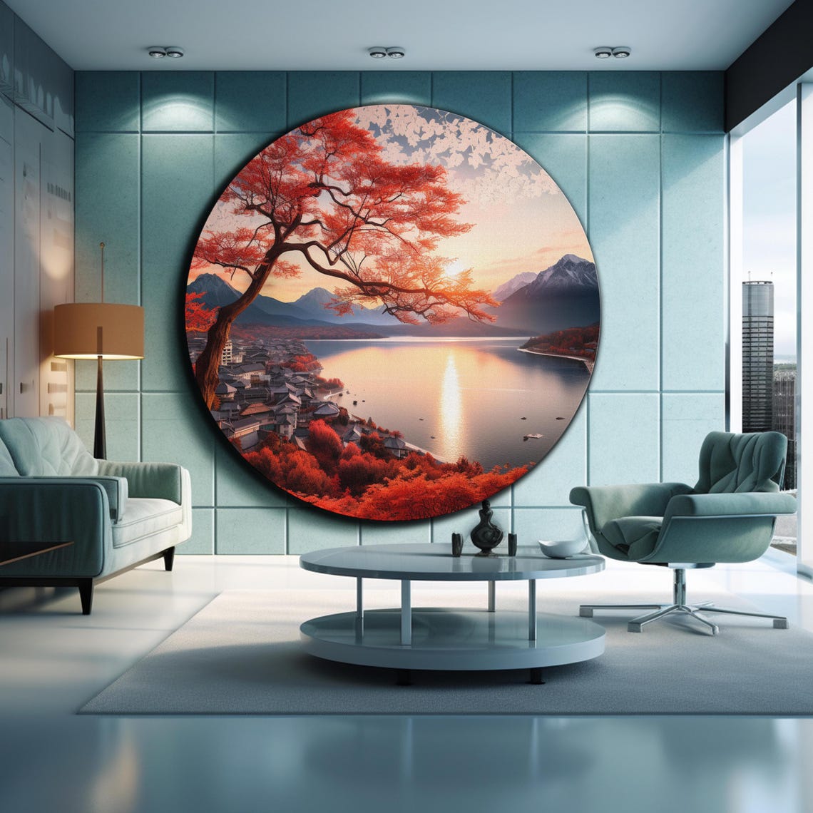 Mount Fuji Autumn Sunset Red Maple Lake Village Glass Round Wall Art - Image 2