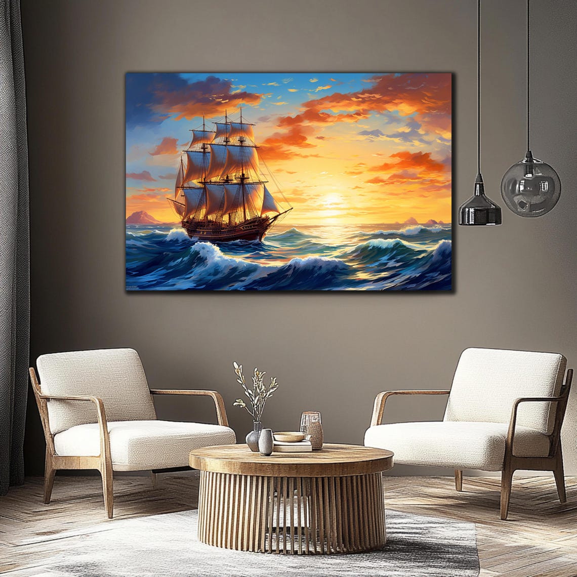 Tall Sailing Ship Sunset Orange Sky Ocean Waves Nautical Poster - Image 3