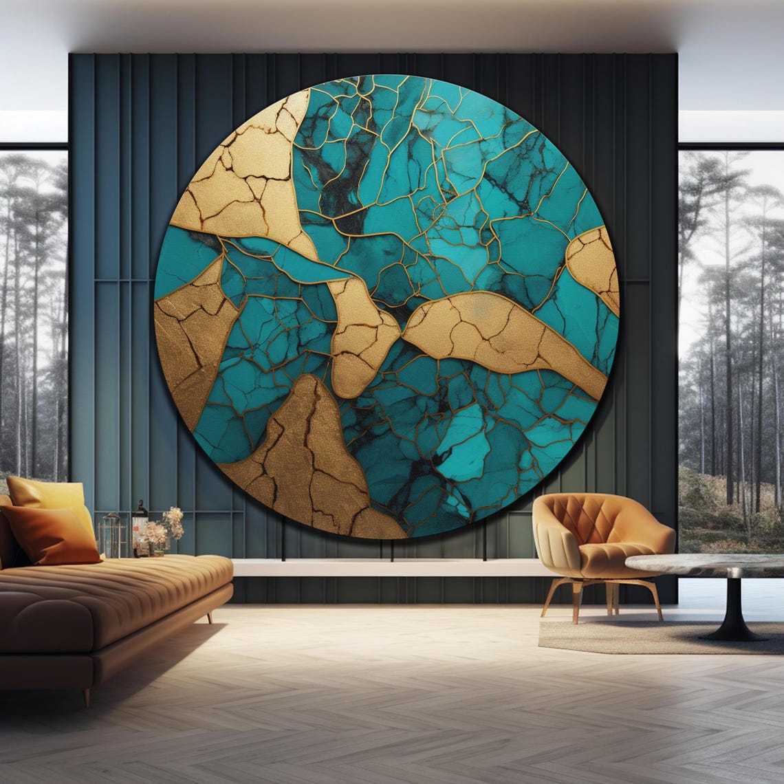 Turquoise Gold Kintsugi Crackle Abstract Geode Round Glass Wall Art - Image 4