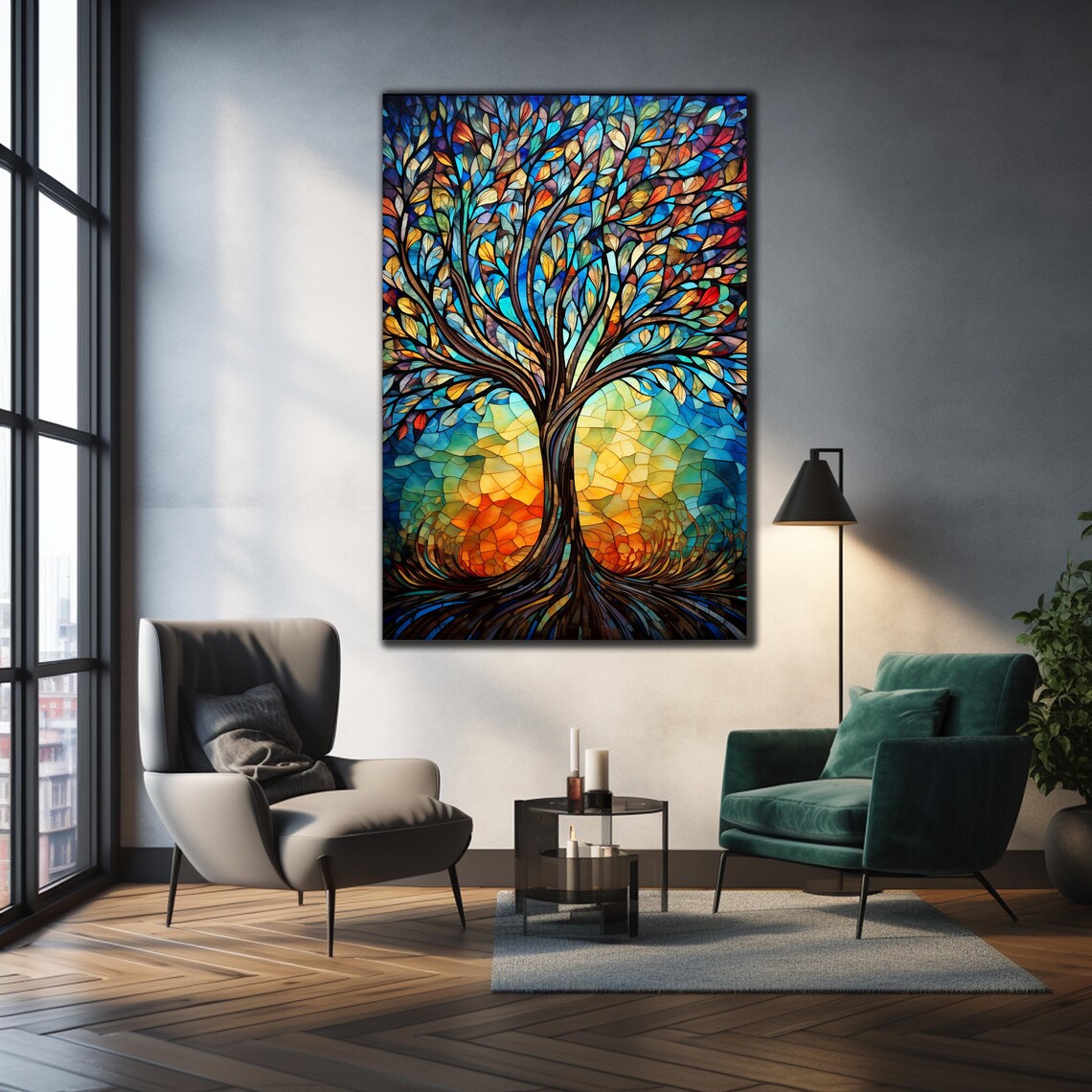 Tree Of Life Stained Glass Mosaic Colorful Leaves Wall Art Poster - Image 3