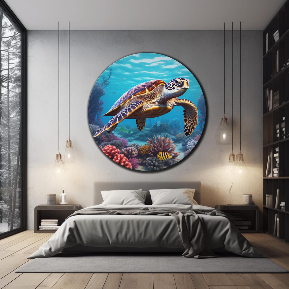 Hawksbill Sea Turtle Gliding Coral Reef Blue Ocean Round Wall Art - Image 3