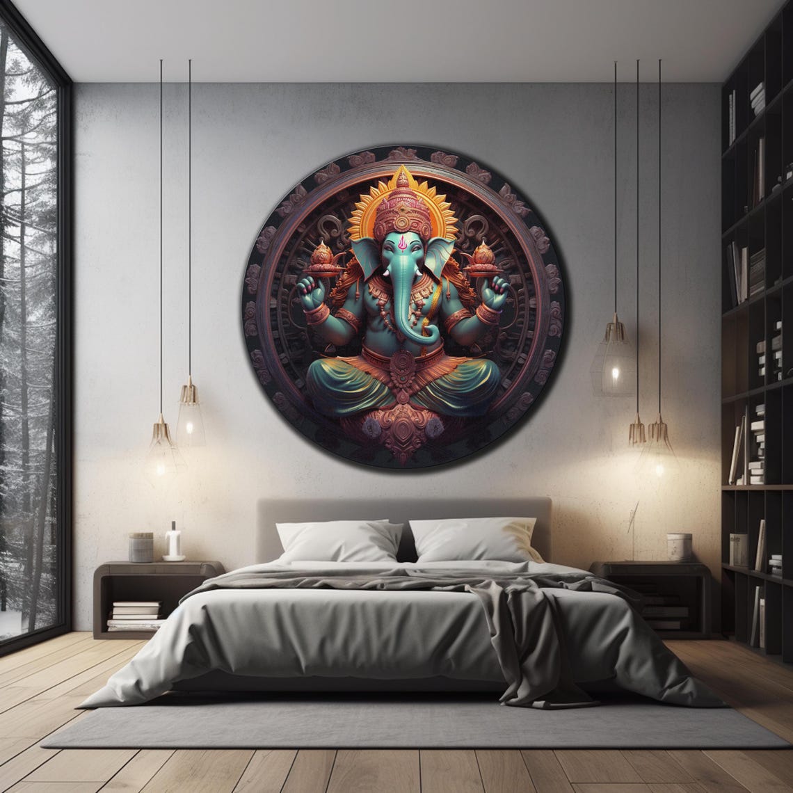 Lord Ganesha Teal Green Seated Elephant God Golden Crown Wall Art - Image 3